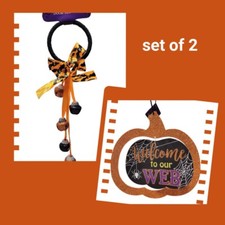 Halloween Decorations Lot - Pumpkin "Welcome to our Web" Sign  Doorknob Bells