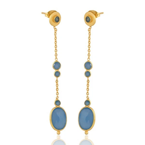 Pendientes de cadena larga con piedra conectada chapada en oro calcedonia mujer joyería Foto 2 de 4
