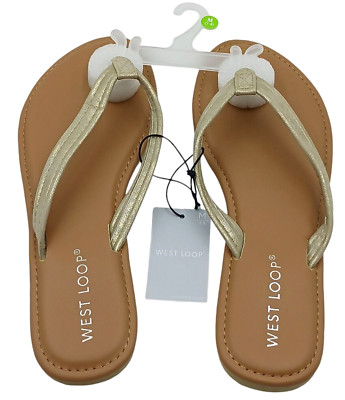 West Loop Flip Flop Thong Sandal Women's M 7/8  Cushioned Faux Leather Gold New