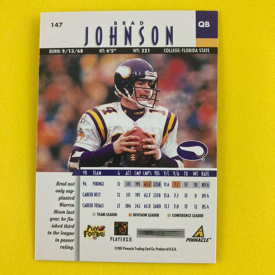 Brad Johnson 1997 Pinnacle Card #147 NFL Minnesota Vikings - Image 2 of 2