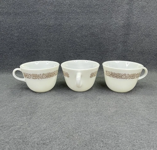 3 Vintage Pyrex Woodland Brown Floral White Milk Glass coffee Tea Cup