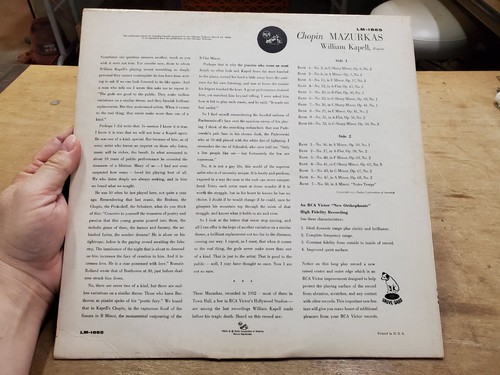 CHOPIN Mazurkas, William Kapell, 1955 RCA Victor Red Seal LM-1865 Mono LP Record - Picture 5 of 14