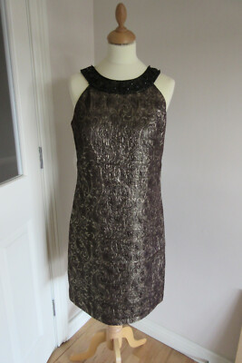 Derhy women's metallic Bronze Evening Dress with beaded neckline size M