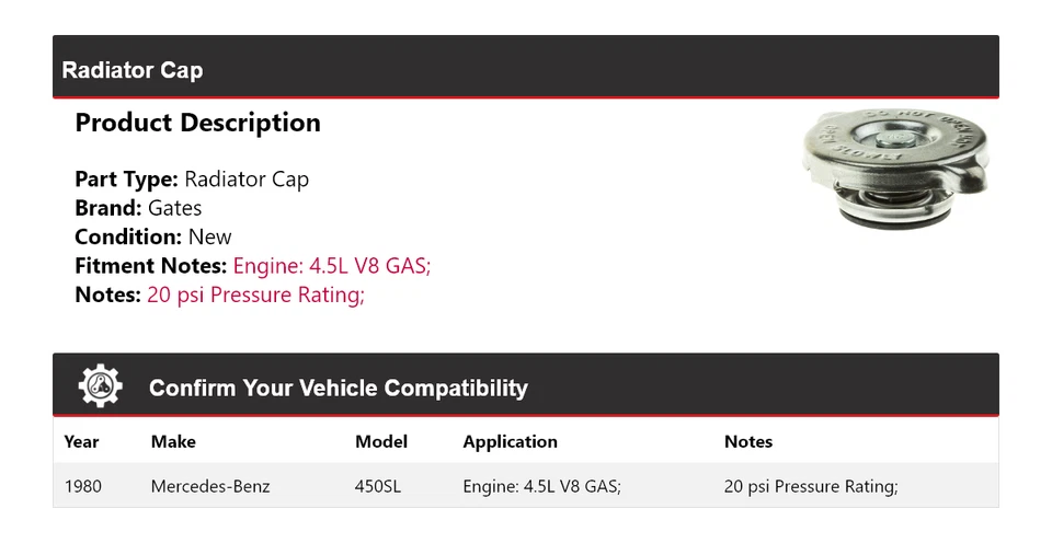 For 1980 Mercedes-Benz 450SL 4.5L V8 GAS Radiator Cap Gates - Image 2 of 4
