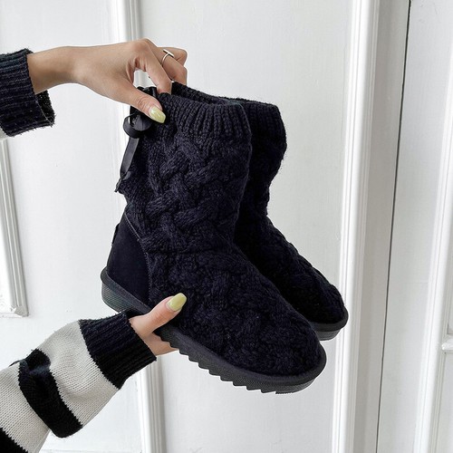 Women's Shoes Knit Sweater Boots Woolen & Fur in One Knitted Pull On Booties UK - Picture 5 of 14