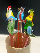 5 PARROT GLASS COCKTAIL SWIZZLE STIRRERS BARWARE, MULTICOLOURED