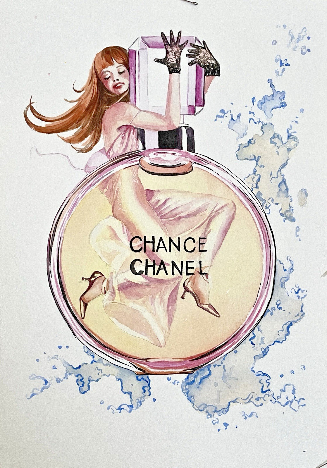 Original art Watercolor Painting  Parfume Girl Chanel Beauty 12 x 8 in