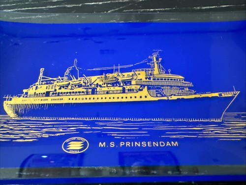 M.S. Prinsendam Vassoio Souvenir in Vetro, 6,25”x3,25”, Blu con Design Oro PO-LN - Foto 2 di 3