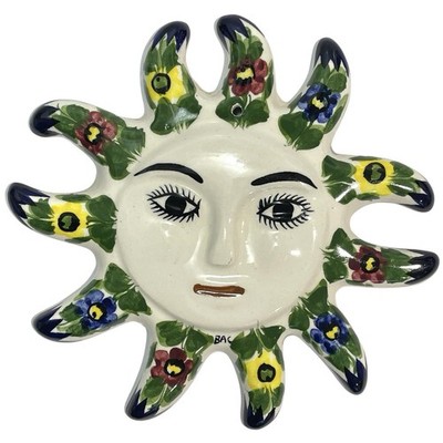 Vintage 1990s Talavera Sun Face Folk Art Mexican Wall Hanging Pottery Celestial