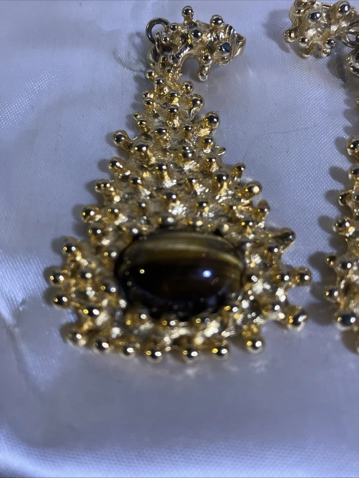 "Pendientes ojo de tigre chapados en oro 22kt KENNETH JAY LANE KJL de colección años 80 3""" Foto 2 de 3