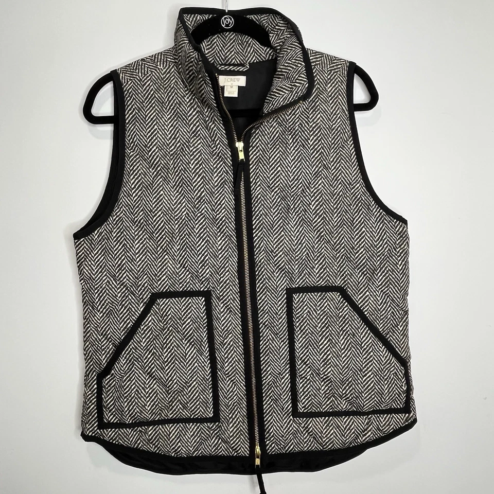 J Crew Vest Womens Medium Black Herringbone Puffer Vest Mock Neck Full Zip Front - Image 2 of 4