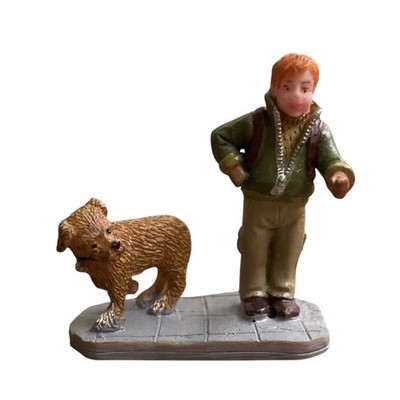 Lemax Christmas Village Dept 56 Miniature Boy Walking Dog Bookbag Winter Kid