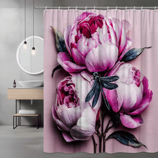 Pink Peony Flower Shower Curtain with Dragonfly Print
