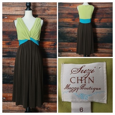 Suzi Chin Maggy Boutique Dress 6 Color Block Twist Knot Waist Zip Back Stretch 