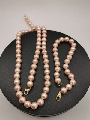 Rosaperlen Set, Hals & Armkette, 8mm Muschelkernperlen, 333 Goldverschluß (595) - Bild 1 von 4