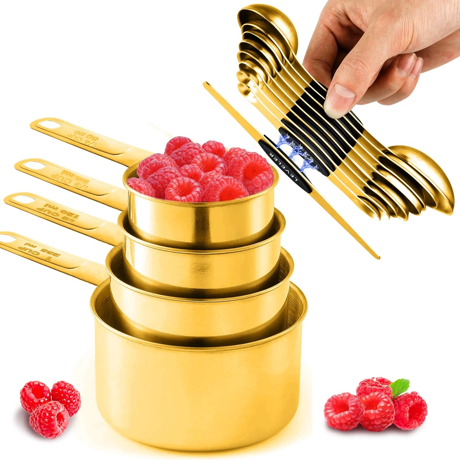 13pcs Gold Stainless Steel Measuring Cups and Spoons Set, 8 Double-Sided Magn...
