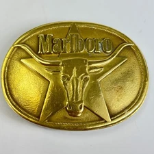 1987 Marlboro Solid Brass Belt Buckle Vintage Phillip Morris Longhorn Steer
