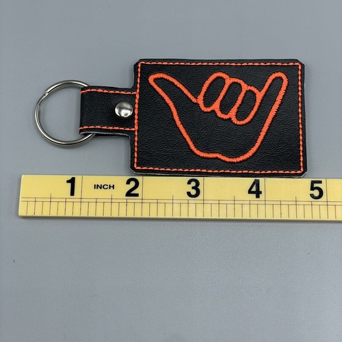 Embroidered Leather SHAKA HANG LOOSE Key Ring Bag Tag Handcrafted Black Neon 4" - Picture 3 of 3