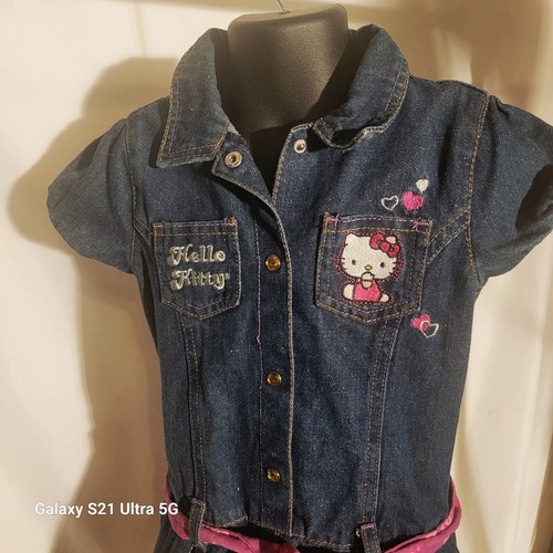 Hello Kitty-Girl's embroidered snap-up blue jean dress size 6 - Picture 3 of 4