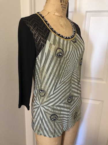 Gilt Feathers Sage Black Mixed Knit CUSTO BARCELONA Raglan Sleeve Top M EUC - Picture 3 of 13