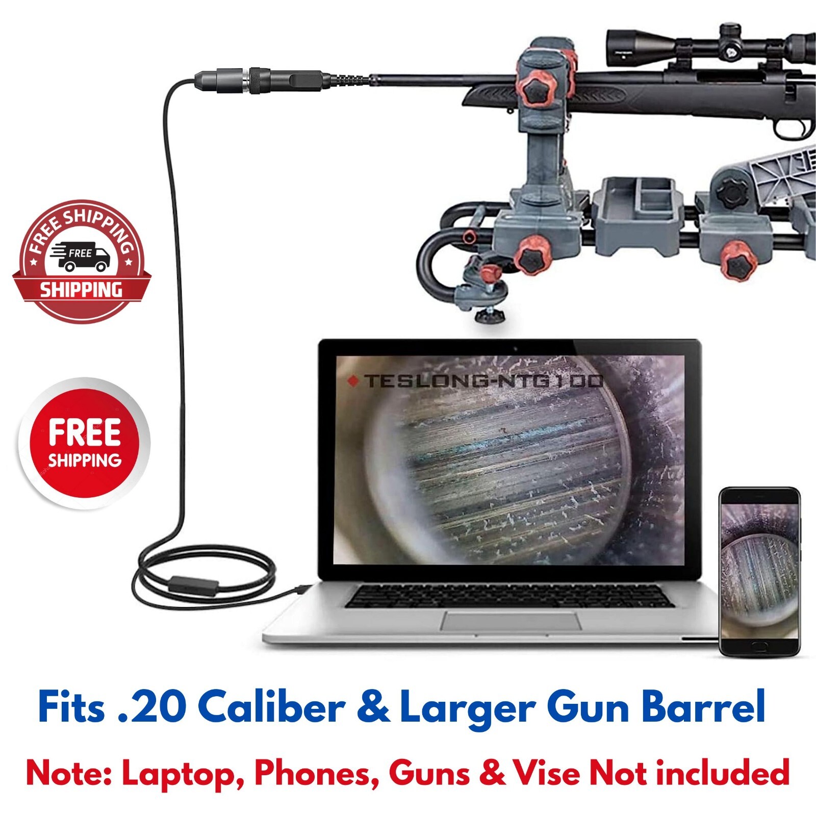 Rifle Borescope Gun Cleaning Inspection Camera Fit .20 Caliber & Larger ...