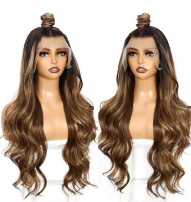 Natural Brown With BLONDE HIGHLIGHTS  Wig HD Front Lace Human Hair Free Part