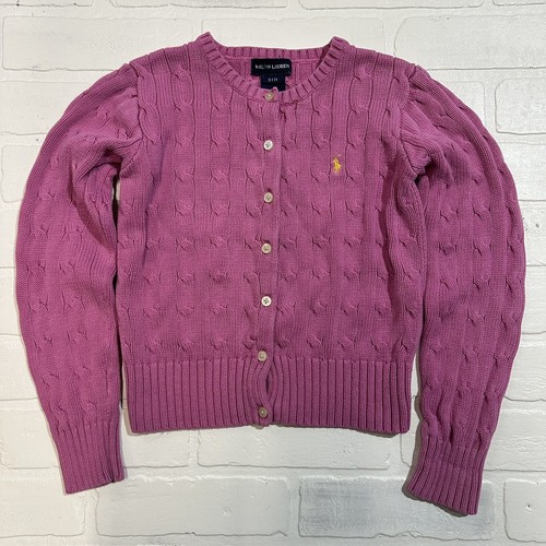 Vintage Ralph Lauren Girls Long Sleeve Mini Cable Knit Cardigan Accent Pink Sz 7