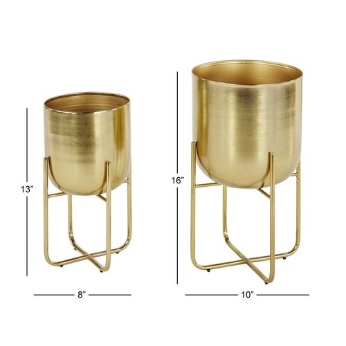 Gold Metal Planter Set of 2 Decorative Indoor Outdoor Pots Curved Base Round New - Picture 4 of 11