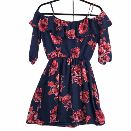 Mujer Junior Vestido XS Azul Marino Rosa Rojo Floral Hombro Frío Corto Verano Usado en Excelente Condición - Imagen 8 de 8
