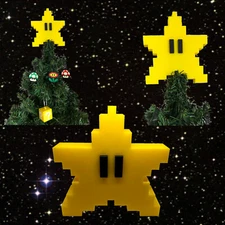 Retro Super Mario Pixel Star tree topper. 8-bit retro Christmas Tree