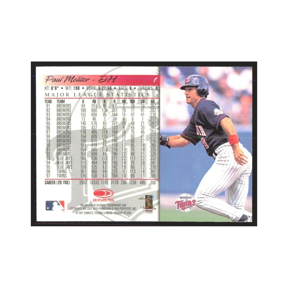 1998 Donruss Paul Molitor Twins #1 - Image 2 of 3