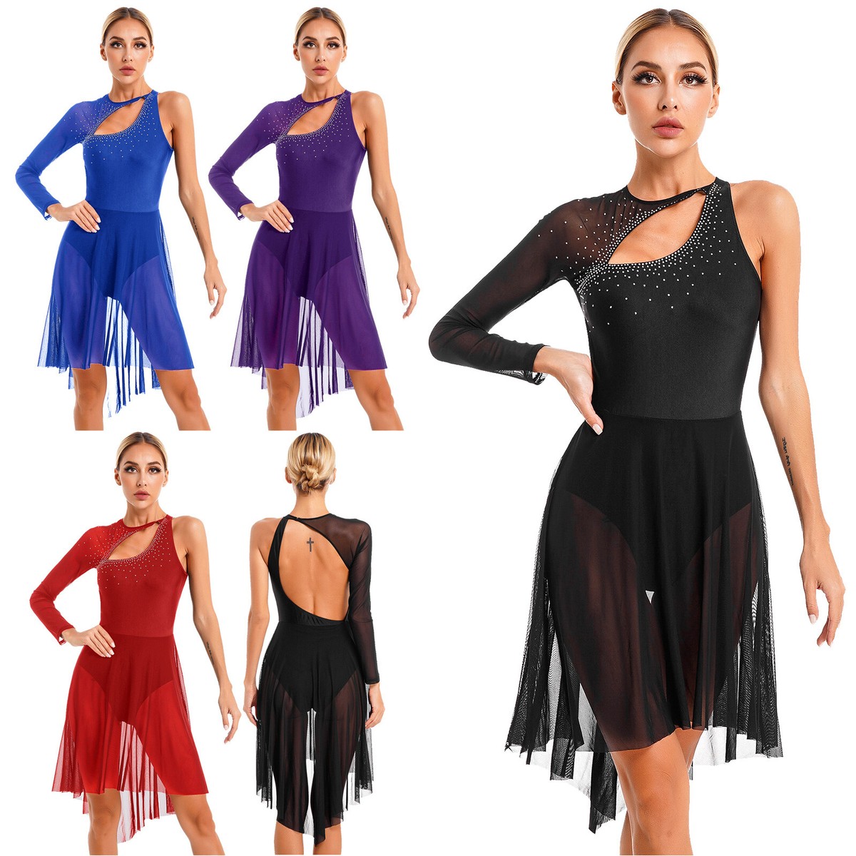 Women's Sleeveless Lyrical Dance Dress - Sheer Mesh Shiny Performance Costume For Figure Skating