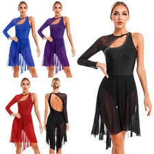 Women Shiny Sequins Mesh Lyrical Modern Dance Dress Figure Ice Skating Dancewear