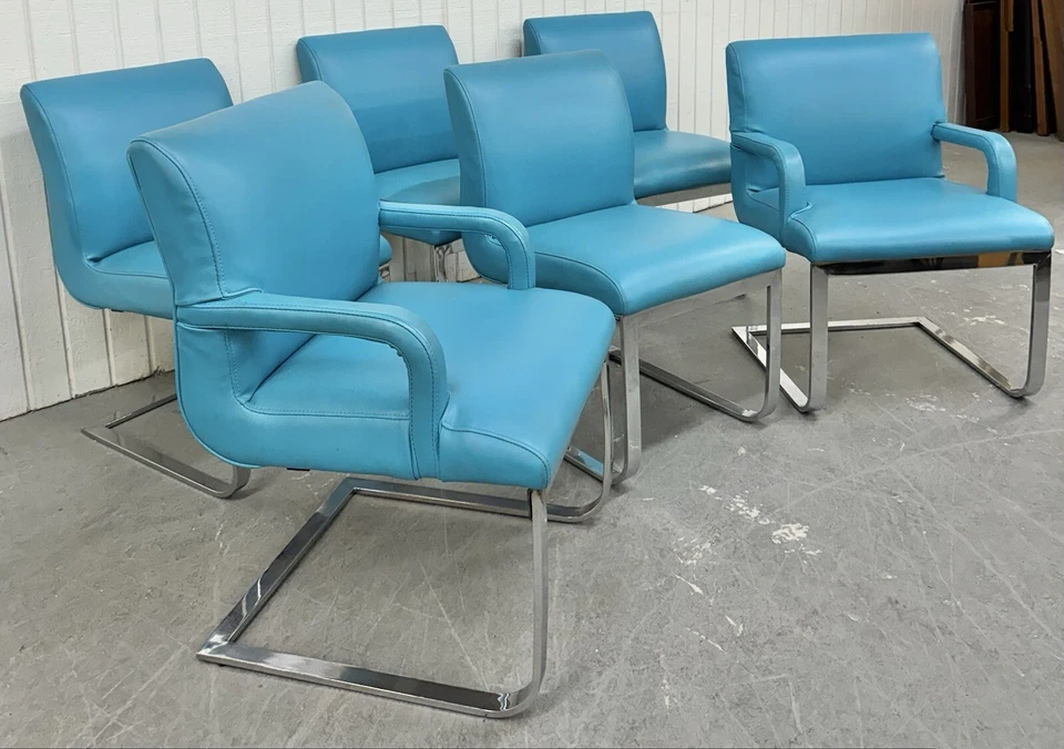 Sillas de comedor cromadas barra plana vinilo azul vintage - Juego de 6 Foto 2 de 4