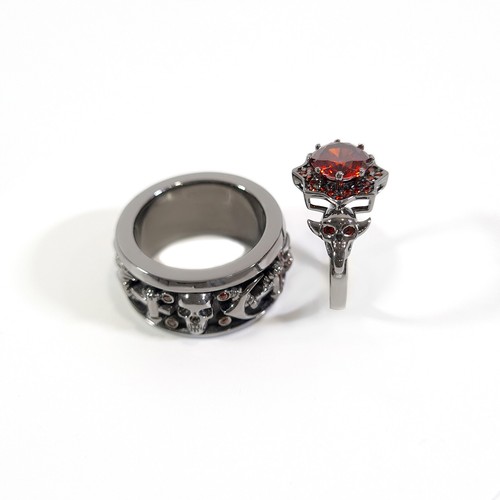 Vampire Skull Engagement Ring Anchor Band Matching Couple Set Gun Metal Finish - Afbeelding 4 van 12