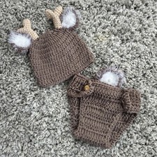 Handmade Crochet Deer Infant Costume Set Hat Diaper Cover Brown White Beige
