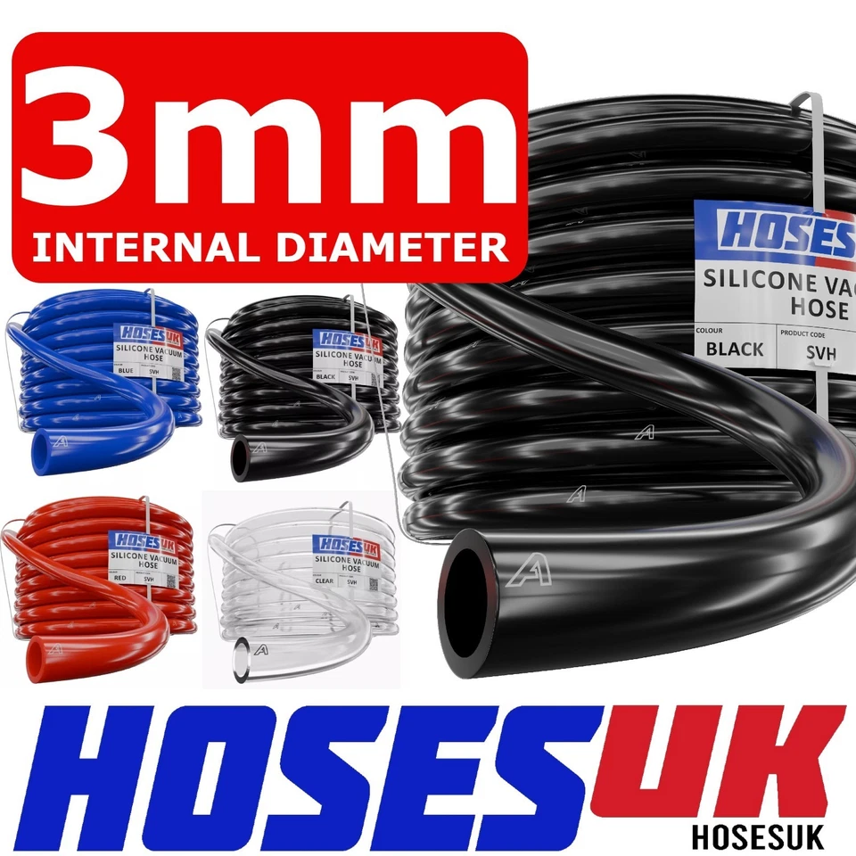 HOSES UK 3mm Silicone Vacuum Hose Tube Boost Air Water Line Pipe Black Blue Red Clear 1/8