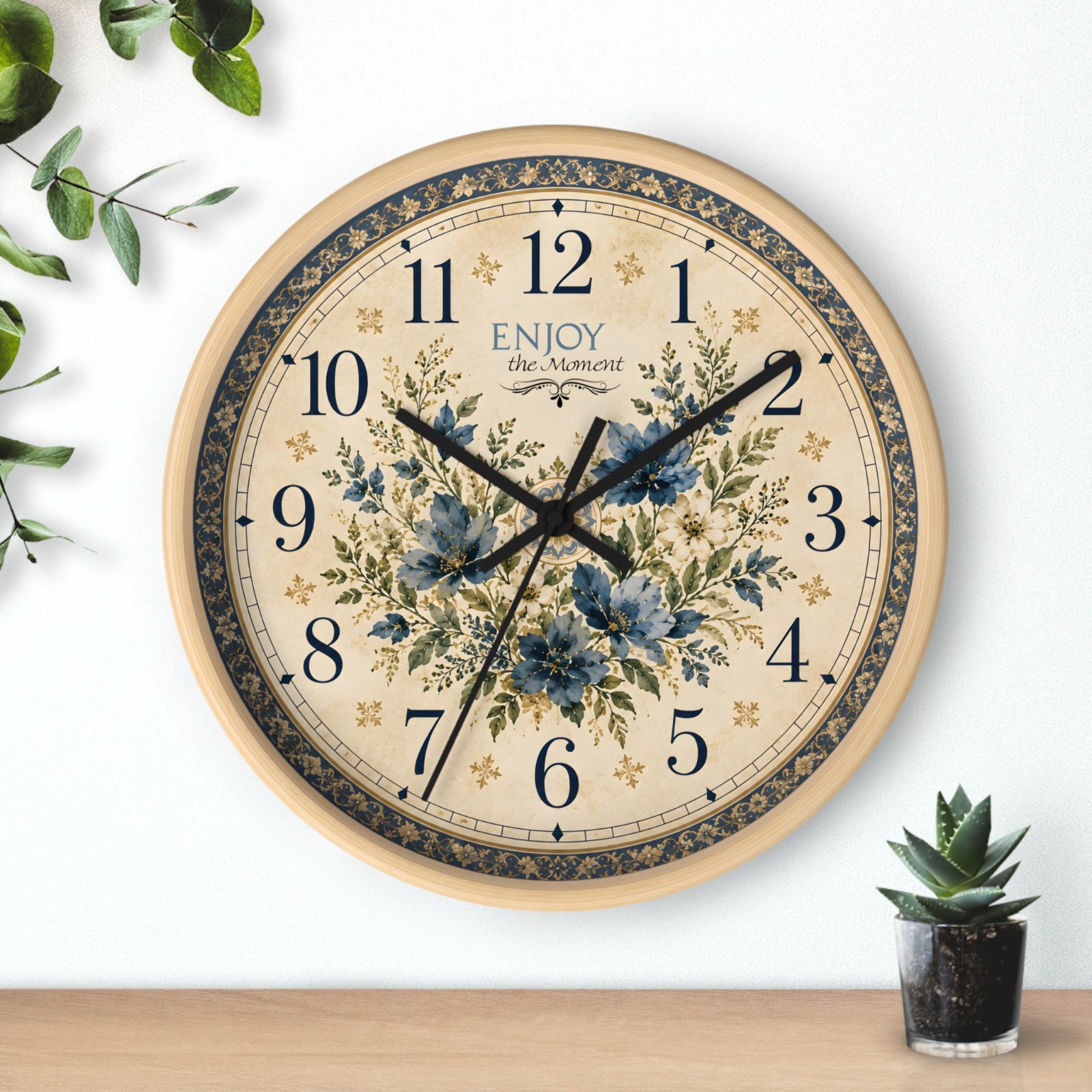 Blue Floral Wall Clock 1 - Vintage Botanical Cottage Decor