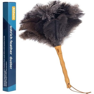 16 inch Natural Ostrich Feather Duster with Wood Handle, Reusable Fluffy