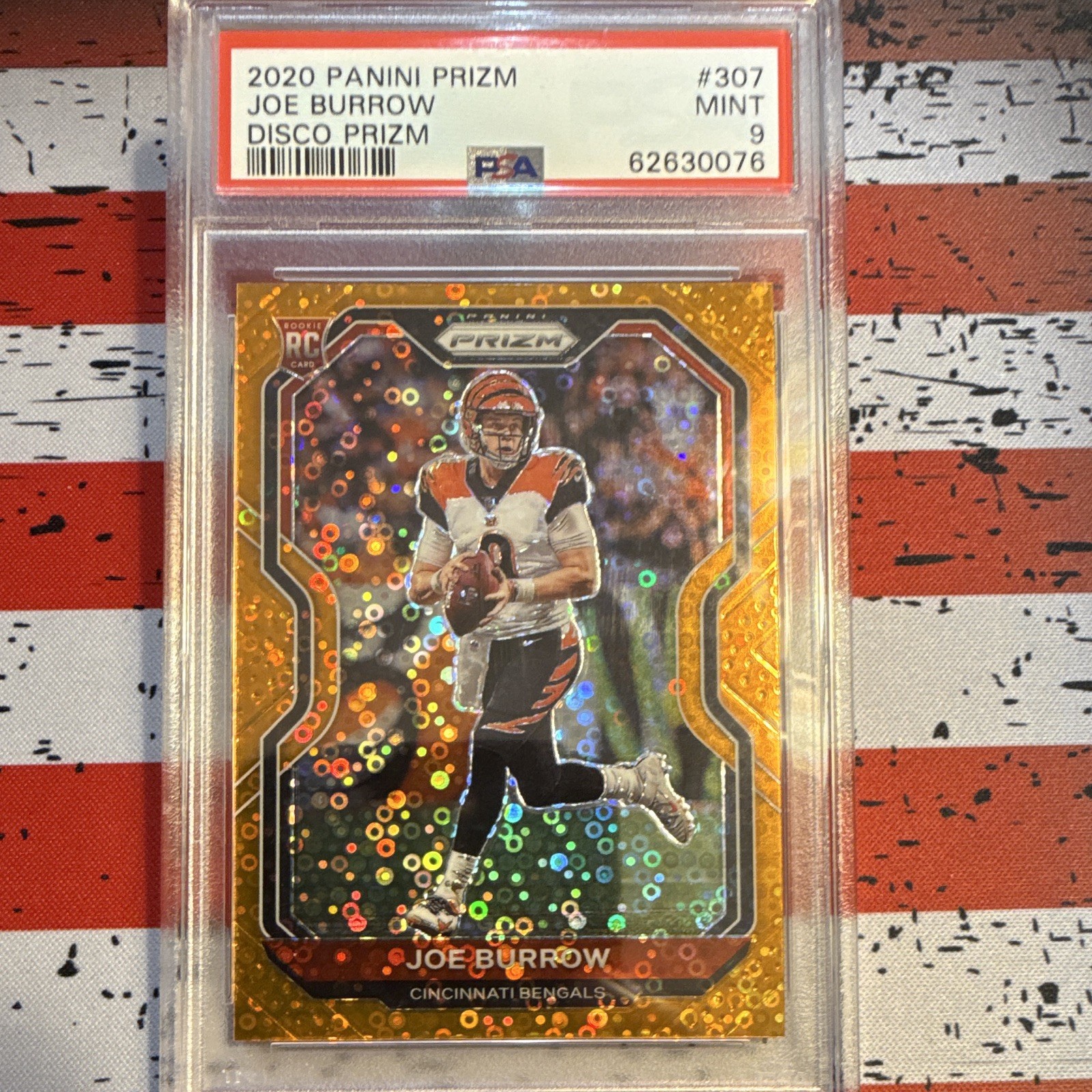 Panini Prizm 2020 Joe Burrow RC Orange Disco Prizm #307 PSA 9 Bengals view 1