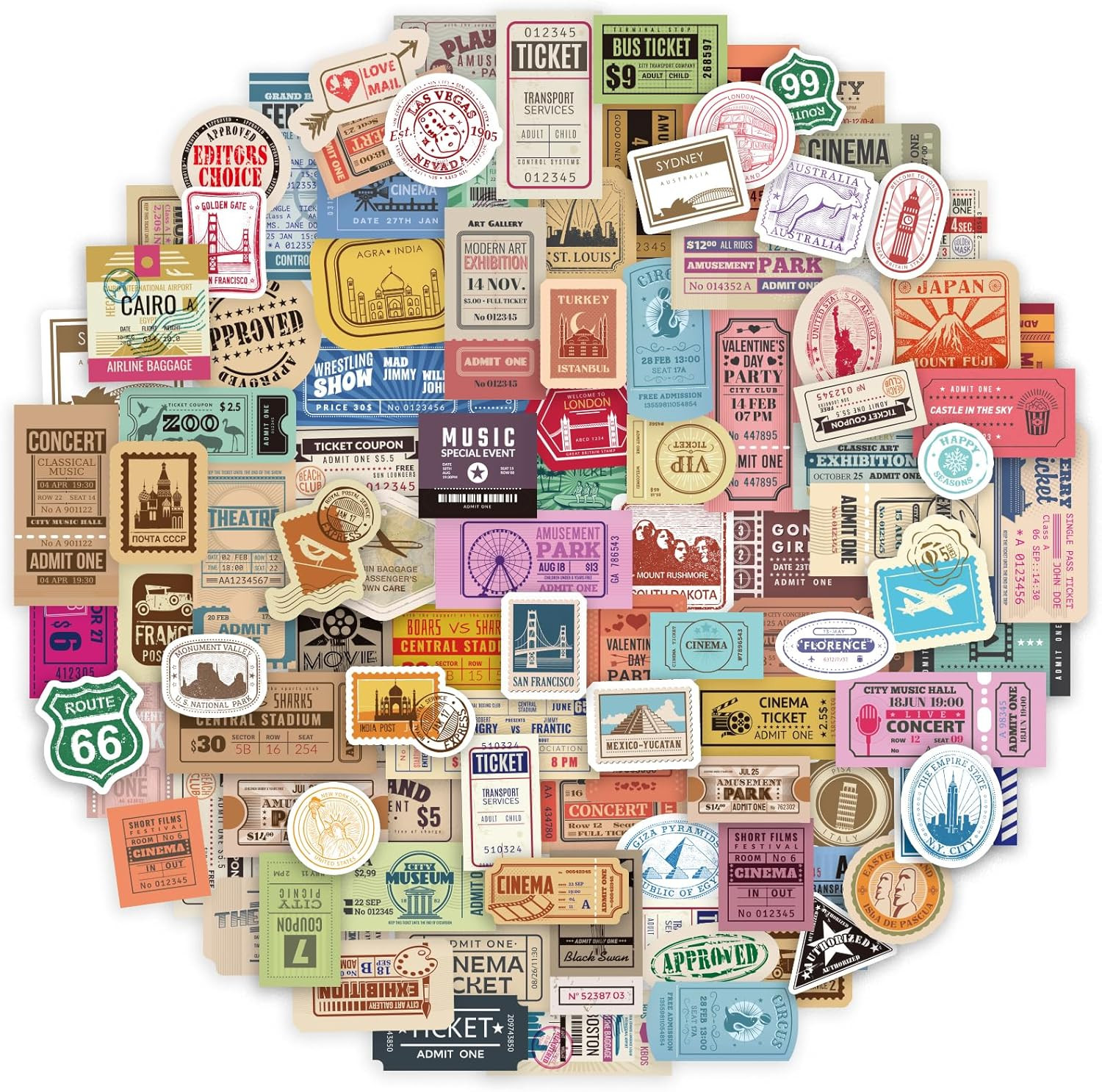 300 Pcs Vintage Travel Stickers Ticket Stickers for Journali