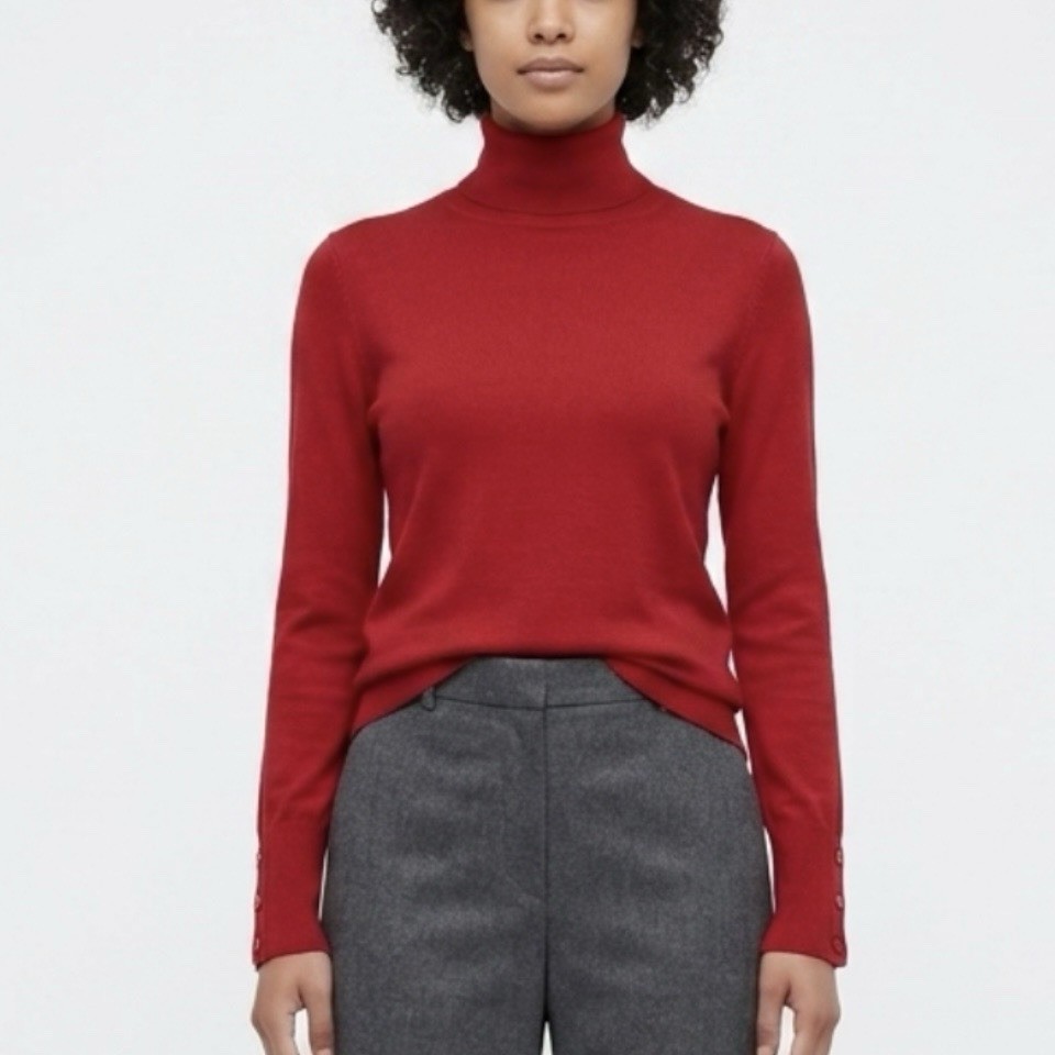 Rodney Clark 100% Emblem Wool Fine Knit Roll Neck Jumper Sz M Red Button Detail