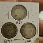Barber Silver Dimes Lot 1899, 1899S, 1900 Circulated 10C US Coins