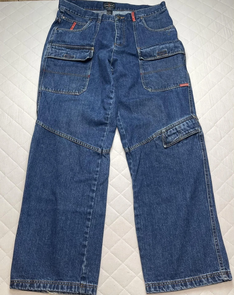 Pantalones de mezclilla WearFirst para hombre 38x32 azul cargo utilitarios bolsillos de carpintero Y2K Street Foto 2 de 4