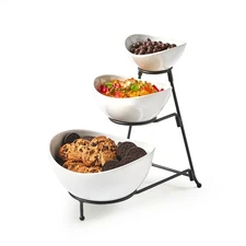 Black 3 Tier Serving Bowls Set with Collapsible Metal Stand Oval Serving Dishes