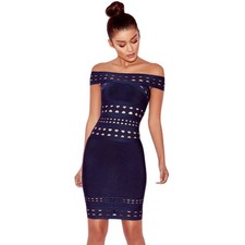 House of CB Dress Womens XS Navy Blue Laser Cut Bandage Bodycon Mini Evangeline