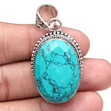 Silver Tibetan Turquoise  Gemstone Jewelry 1.75" Pendant Handmade 1.75''