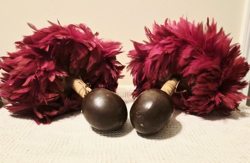 Hawaiian Hula Instruments Set Uli Uli Feather Rattles Red Yellow NEAT Good cond
