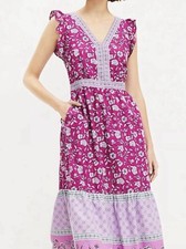 LOFT Border Ruffle Midi Pocket Dress V-Neck Pink Purple Floral BOHEMIAN 8P NWOT