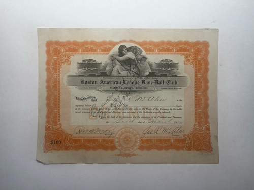 1912 Red Sox Stock Certificate Jimmy McAleer Joseph Lannin